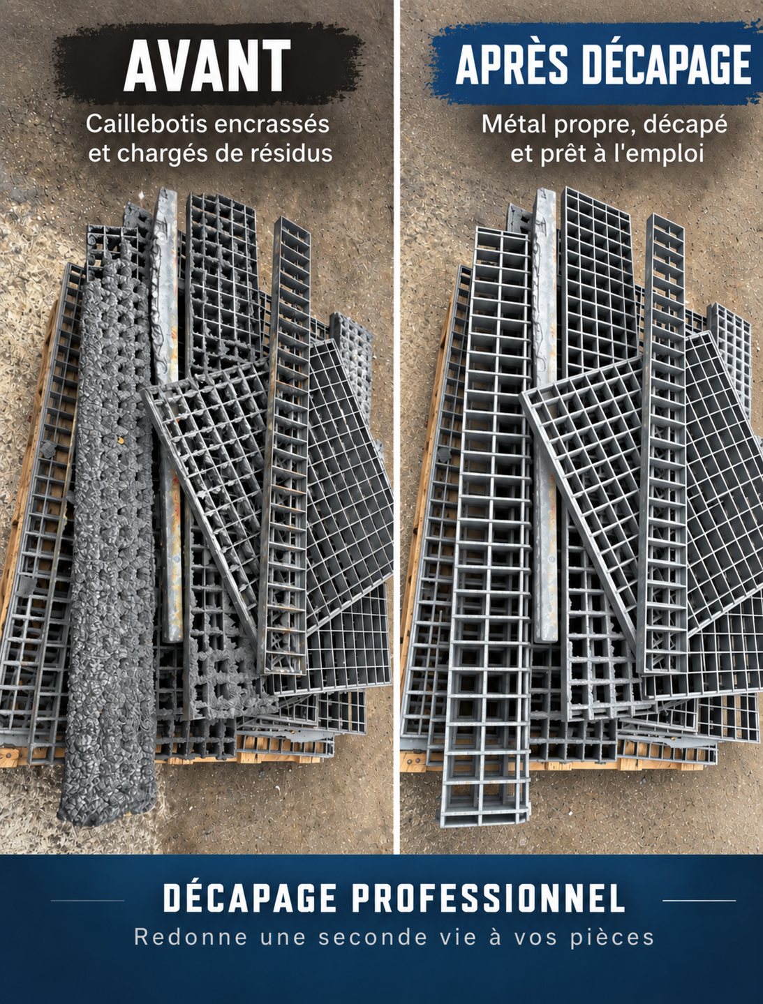 Illustration comparative de caillebotis chargés de résidus de peinture et d’un aspect décapé simulé