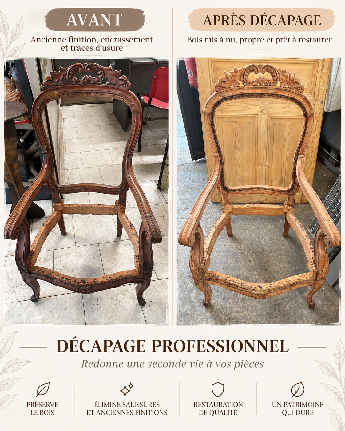 Fauteuil ancien en bois sculpté sans garniture, avant décapage avec une finition sombre, puis après décapage avec le bois éclairci